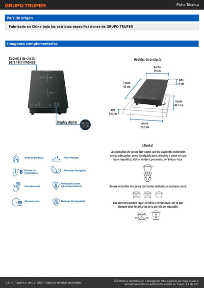 Parrilla Inducción Empotrable RIVIERA 30cm 2 Quemadores Vidrio Templado - Control Táctil