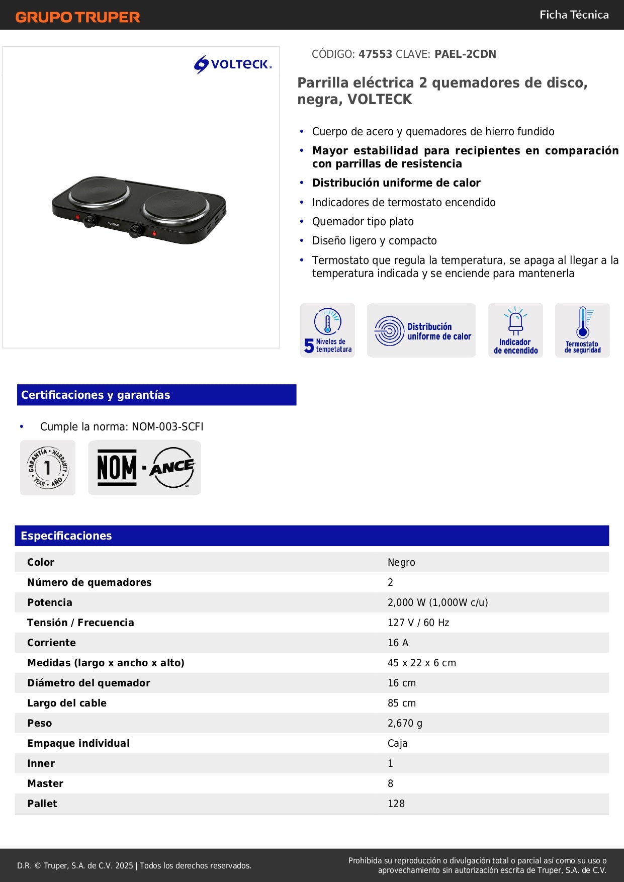Parrilla Eléctrica VOLTECK 2 Quemadores Disco - Cocción Uniforme Sin Gas - PAEL-2CDN