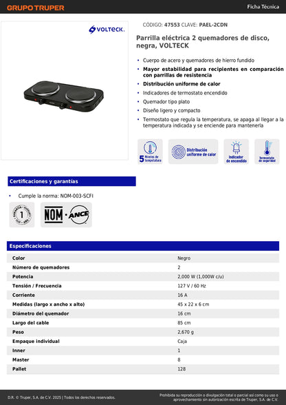 Parrilla Eléctrica VOLTECK 2 Quemadores Disco - Cocción Uniforme Sin Gas - PAEL-2CDN