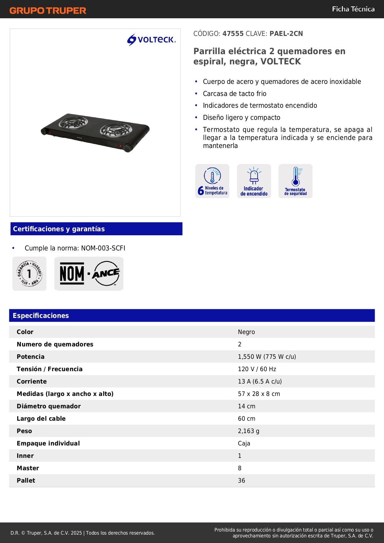 Parrilla Eléctrica VOLTECK 2 Quemadores Espiral Negra PAEL-2CN - Solución Compacta para Cocinar sin Gas con Termostato Regulable y Carcasa Tacto Frío - Acero Inoxidable