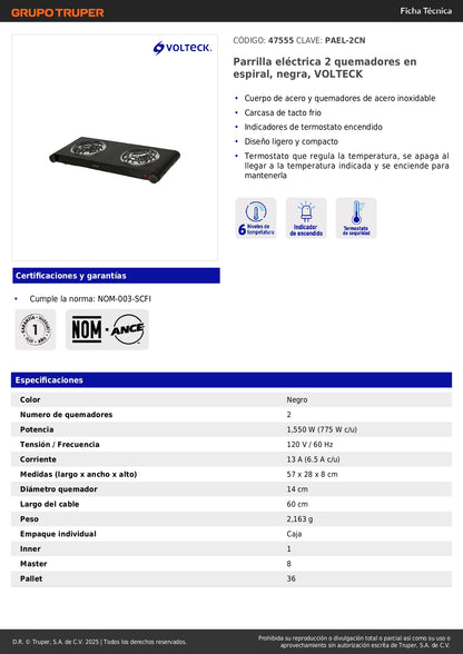 Parrilla Eléctrica VOLTECK 2 Quemadores Espiral Negra PAEL-2CN - Solución Compacta para Cocinar sin Gas con Termostato Regulable y Carcasa Tacto Frío - Acero Inoxidable