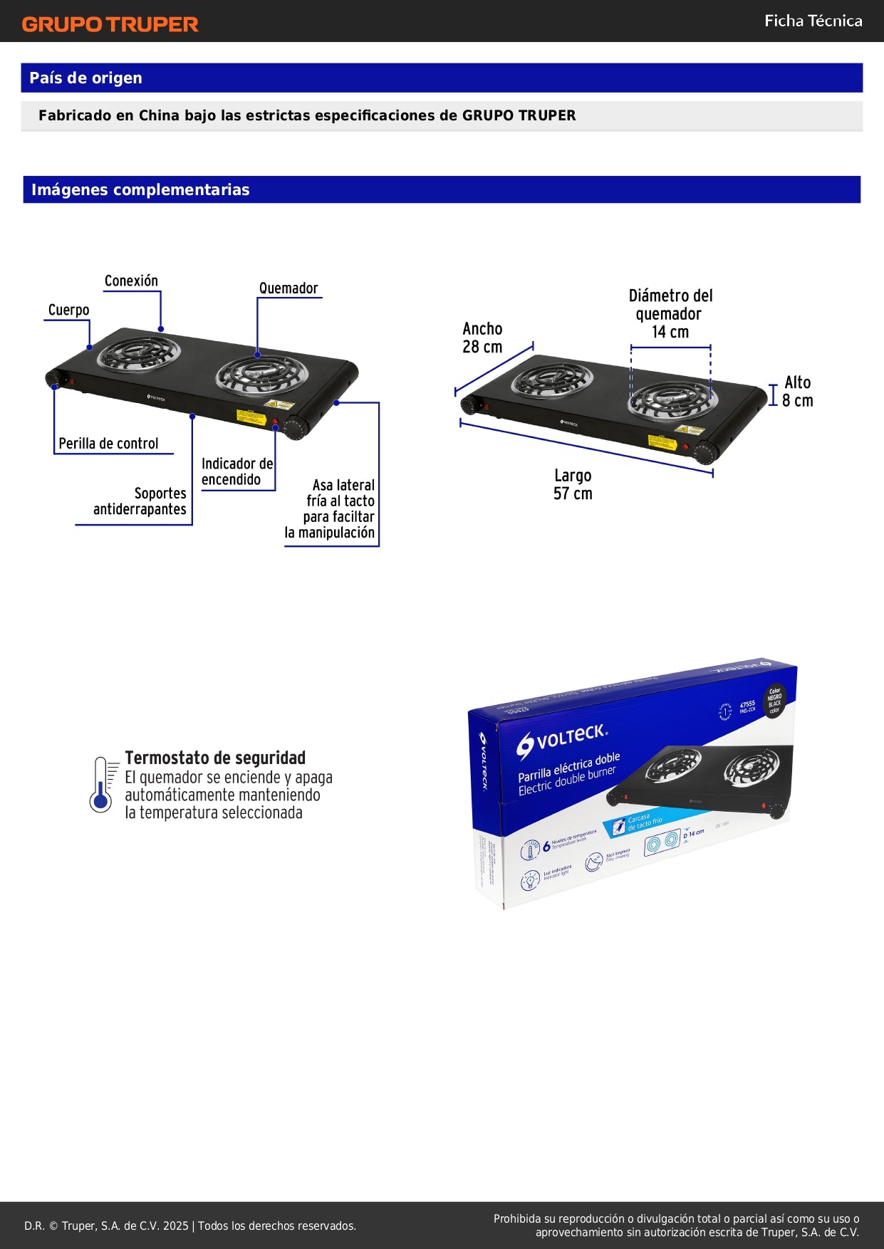 Parrilla Eléctrica VOLTECK 2 Quemadores Espiral Negra PAEL-2CN - Solución Compacta para Cocinar sin Gas con Termostato Regulable y Carcasa Tacto Frío - Acero Inoxidable