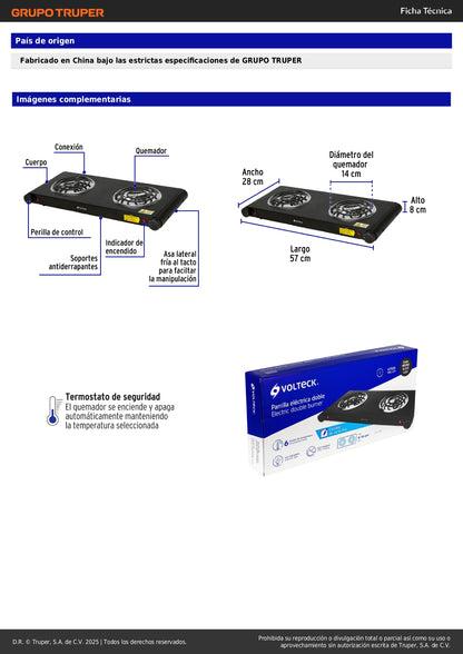 Parrilla Eléctrica VOLTECK 2 Quemadores Espiral Negra PAEL-2CN - Solución Compacta para Cocinar sin Gas con Termostato Regulable y Carcasa Tacto Frío - Acero Inoxidable