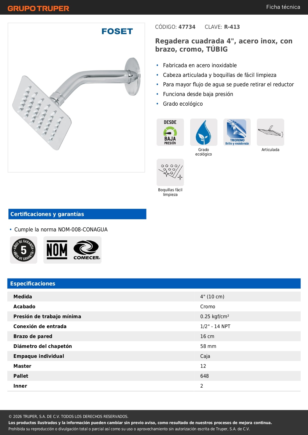 Regadera Cuadrada 4" Acero Inoxidable con Brazo Ajustable Cromado TÚBIG FOSET