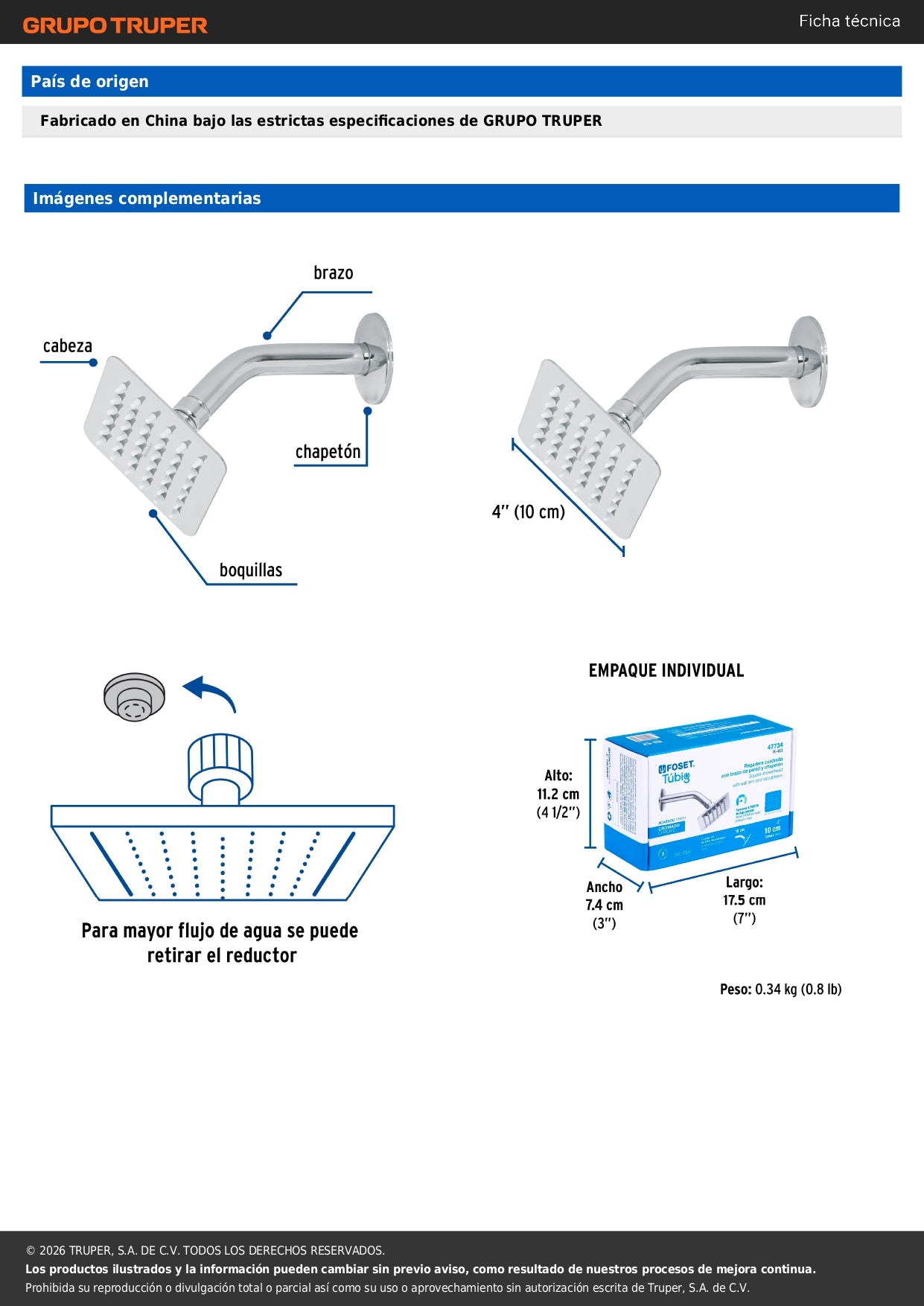 Regadera Cuadrada 4" Acero Inoxidable con Brazo Ajustable Cromado TÚBIG FOSET