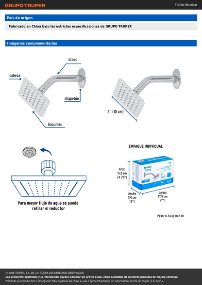 Regadera Cuadrada 4" Acero Inoxidable con Brazo Ajustable Cromado TÚBIG FOSET