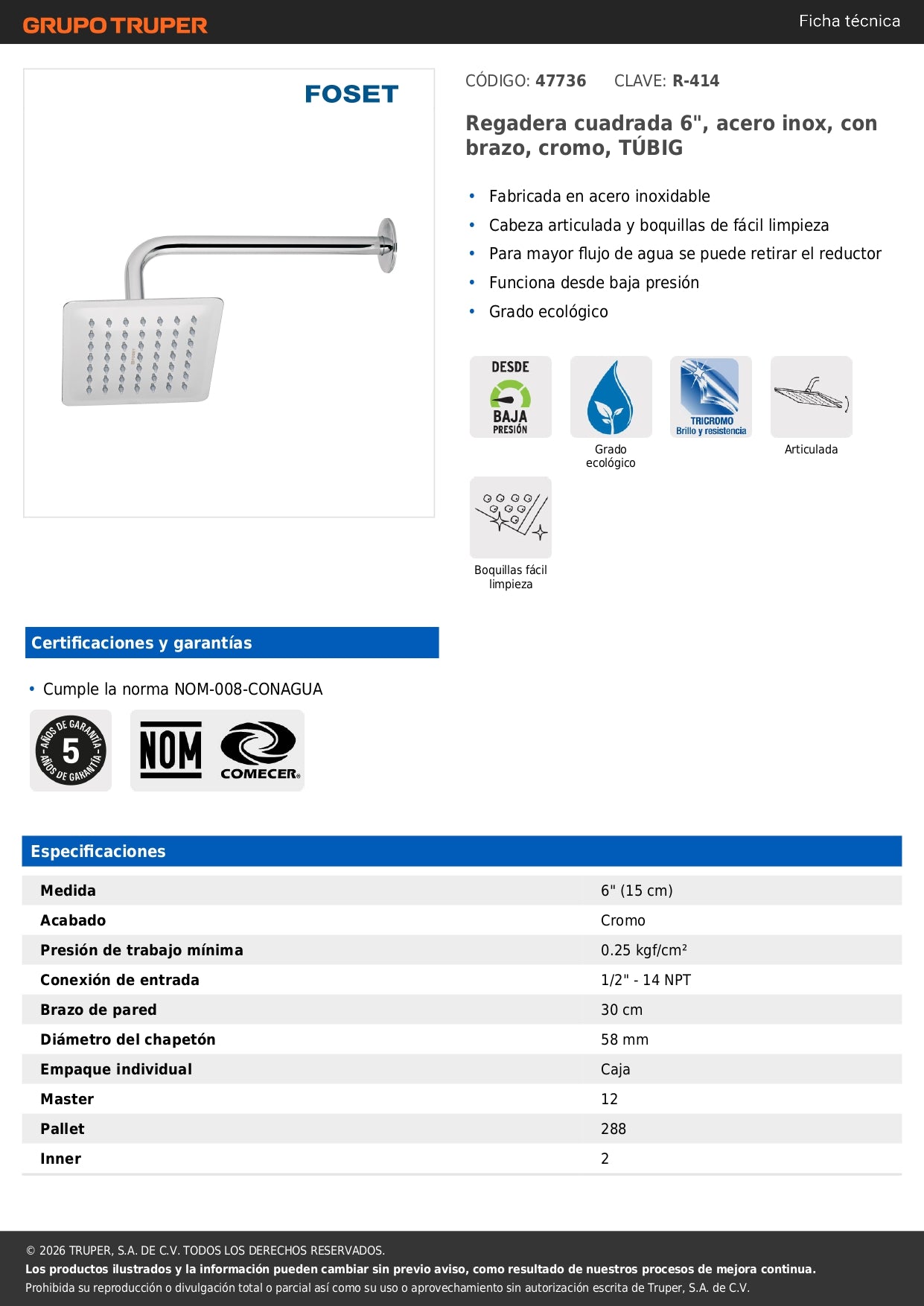 Regadera Cuadrada 6 Pulgadas Acero Inoxidable con Brazo Cromo TÚBIG FOSET