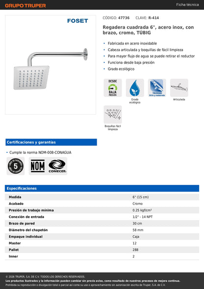 Regadera Cuadrada 6 Pulgadas Acero Inoxidable con Brazo Cromo TÚBIG FOSET