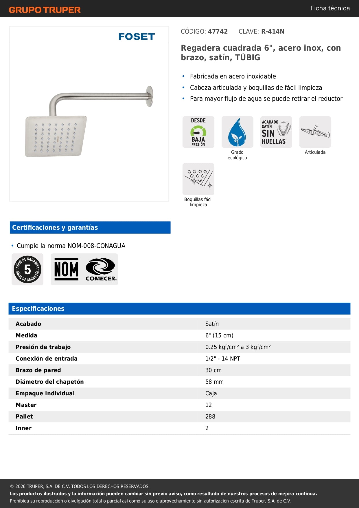 Regadera Cuadrada 6 Pulgadas Acero Inoxidable con Brazo Ajustable TÚBIG Satín