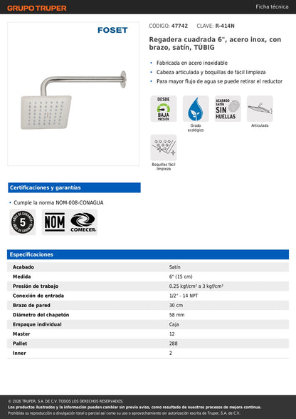 Regadera Cuadrada 6 Pulgadas Acero Inoxidable con Brazo Ajustable TÚBIG Satín