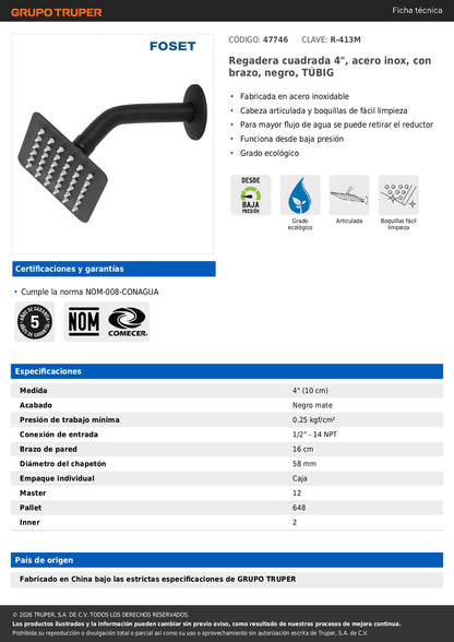 Regadera Cuadrada 4" Acero Inoxidable con Brazo Negro TÚBIG FOSET | Baño Moderno