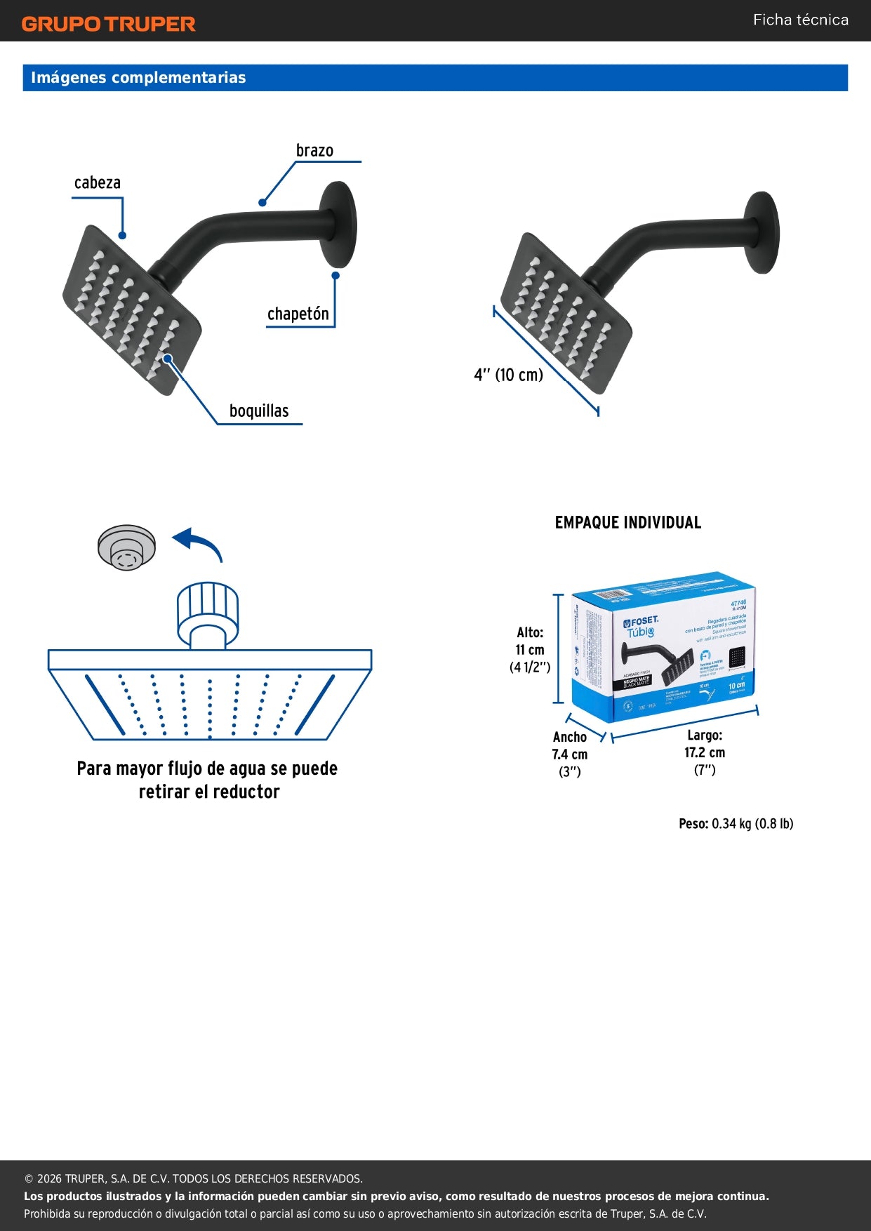 Regadera Cuadrada 4" Acero Inoxidable con Brazo Negro TÚBIG FOSET | Baño Moderno