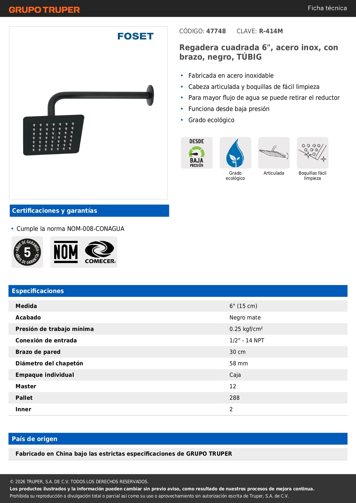 Regadera Cuadrada 6 Pulgadas Acero Inoxidable con Brazo Negro TÚBIG - Regadera de Ducha