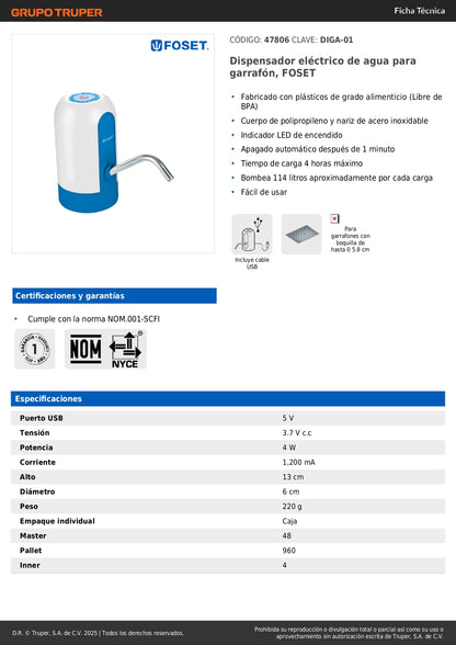 Dispensador Eléctrico de Agua FOSET para Garrafón - Elimina el Esfuerzo de Cargar Agua Pesada - Bomba Automática 114L con Apagado Inteligente - Libre de BPA - DIGA-01