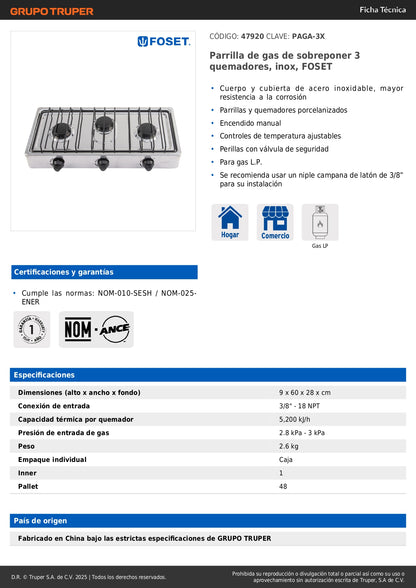 Parrilla de Gas Sobreponer 3 Quemadores Acero Inoxidable FOSET PAGA-3X - Resistente Corrosión
