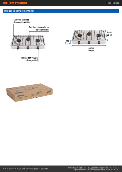 Parrilla de Gas Sobreponer 3 Quemadores Acero Inoxidable FOSET PAGA-3X - Resistente Corrosión