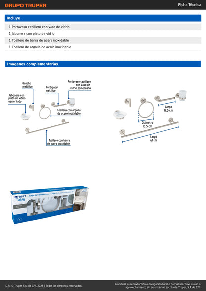 Juego Completo 6 Accesorios Baño Acero Inoxidable FOSET TÚBIG TBA-7000N - Organiza y Moderniza tu Baño