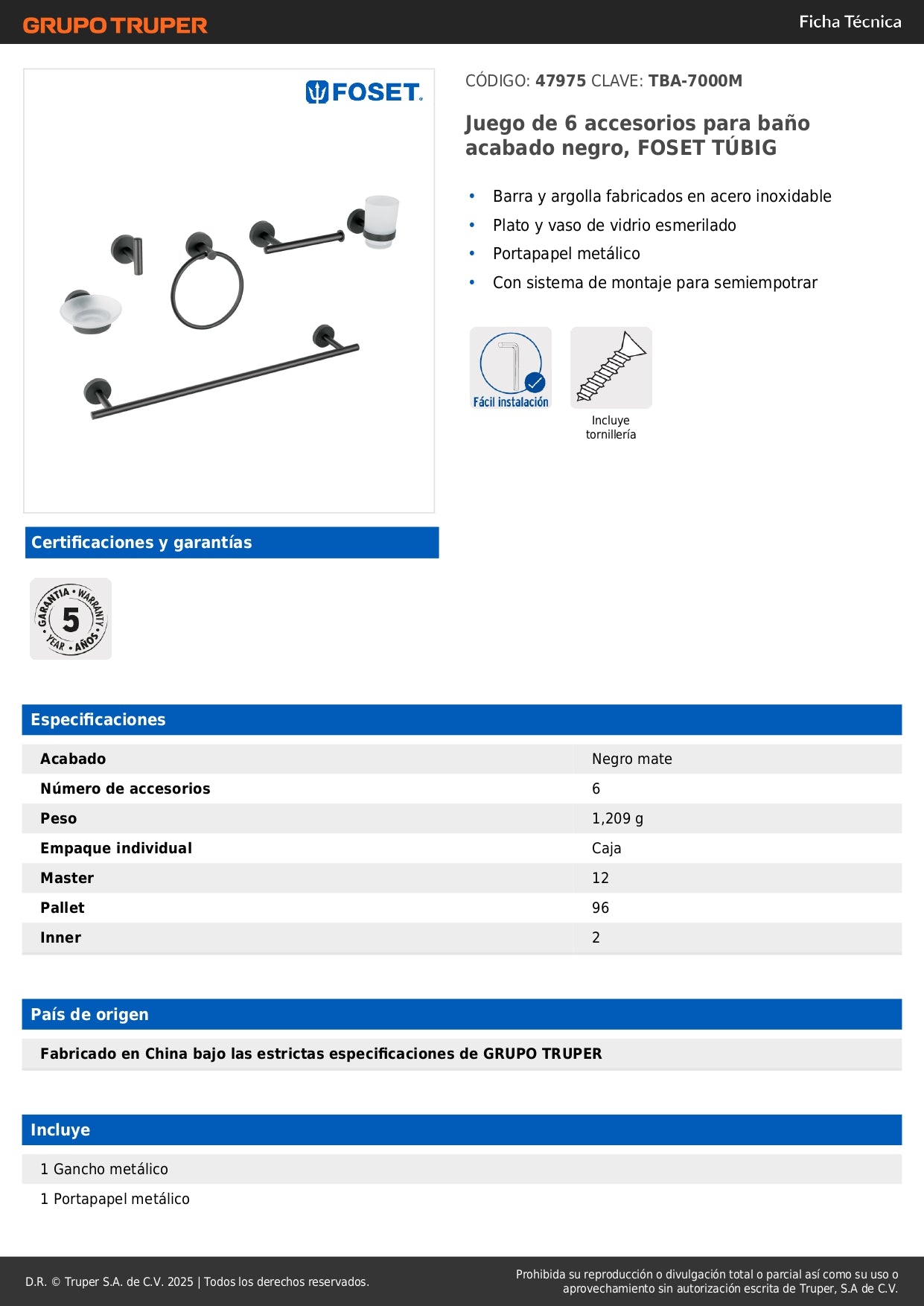 Juego Completo 6 Accesorios Baño Negro FOSET TÚBIG TBA-7000M - Solución Profesional Organización Baño Acero Inoxidable Semiempotrar