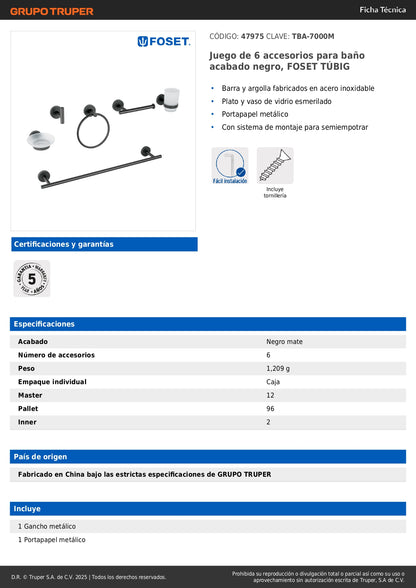 Juego Completo 6 Accesorios Baño Negro FOSET TÚBIG TBA-7000M - Solución Profesional Organización Baño Acero Inoxidable Semiempotrar