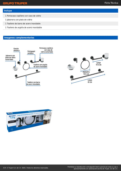 Juego Completo 6 Accesorios Baño Negro FOSET TÚBIG TBA-7000M - Solución Profesional Organización Baño Acero Inoxidable Semiempotrar