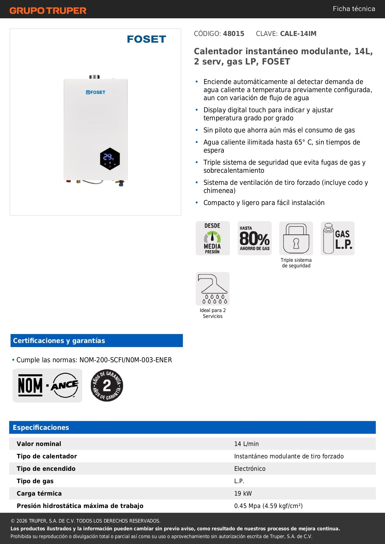 Calentador instantáneo modulante, 14L, 2 serv, gas LP, FOSET