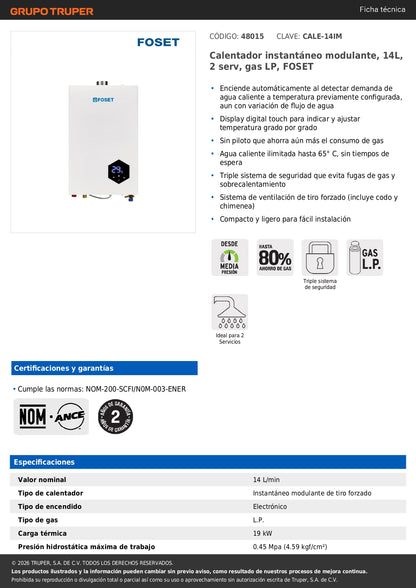 Calentador instantáneo modulante, 14L, 2 serv, gas LP, FOSET