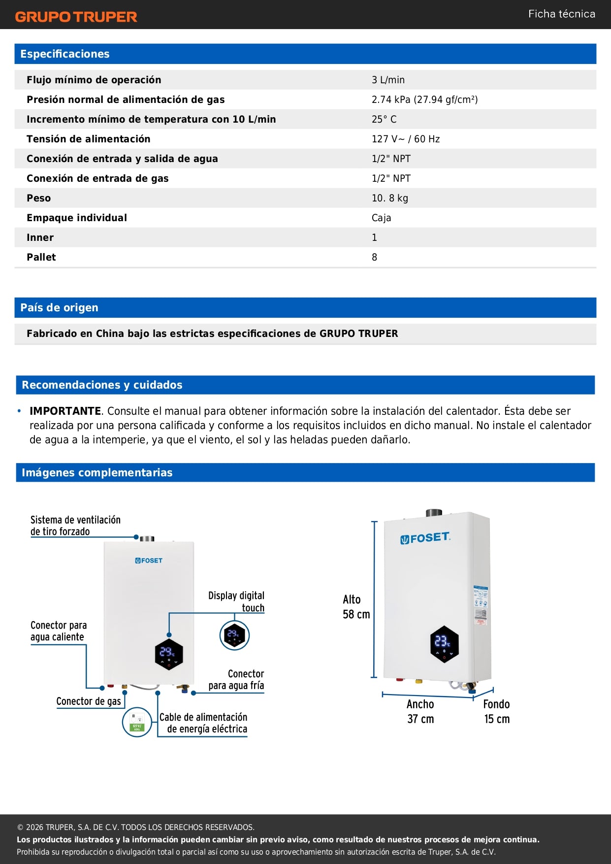 Calentador instantáneo modulante, 14L, 2 serv, gas LP, FOSET
