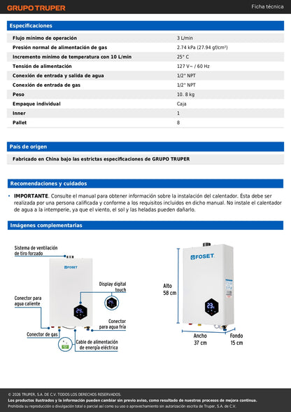Calentador instantáneo modulante, 14L, 2 serv, gas LP, FOSET