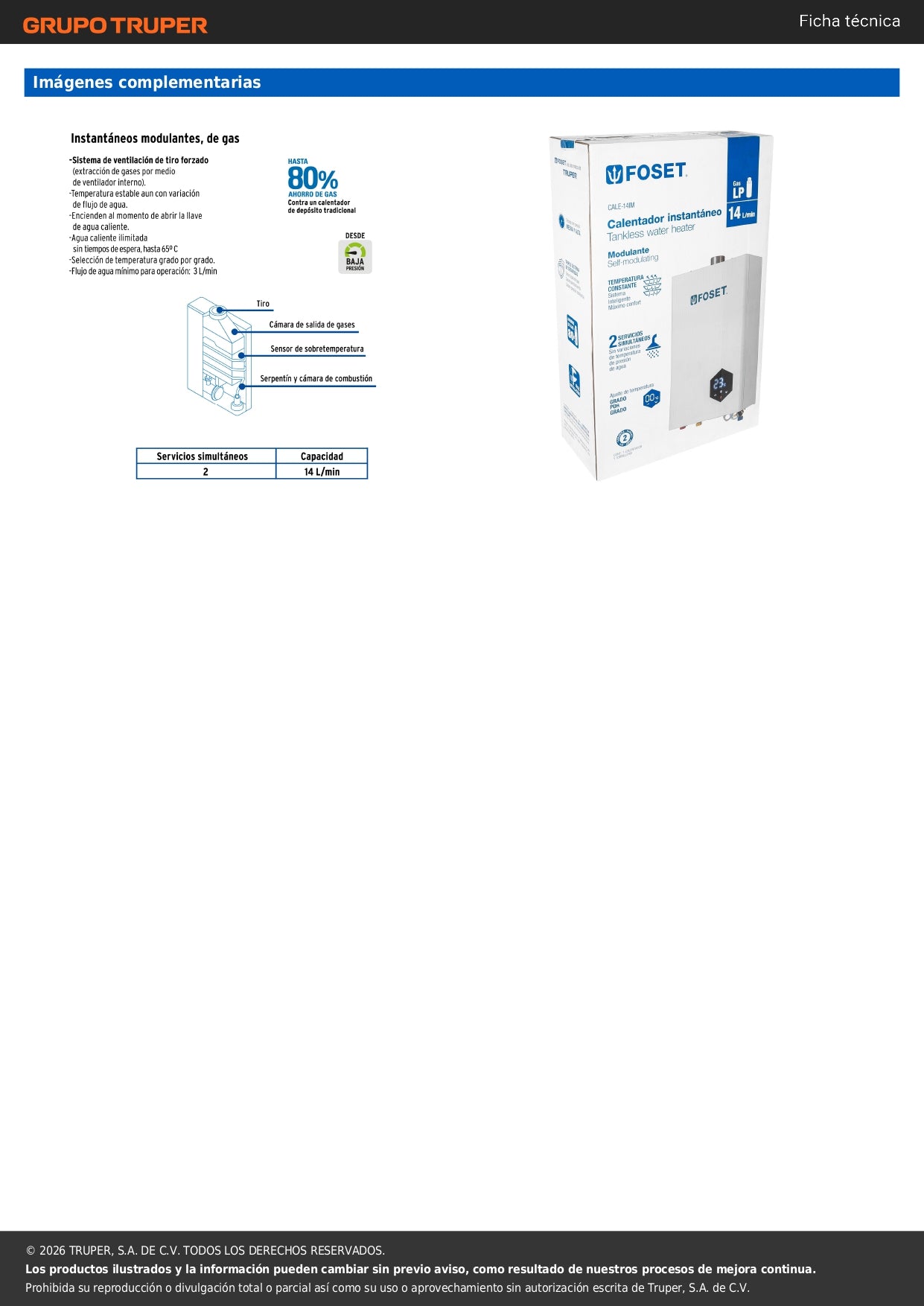 Calentador instantáneo modulante, 14L, 2 serv, gas LP, FOSET