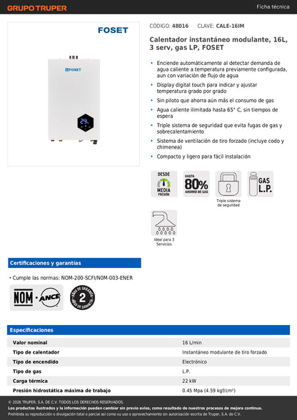 Calentador instantáneo modulante, 16L, 3 serv, gas LP, FOSET