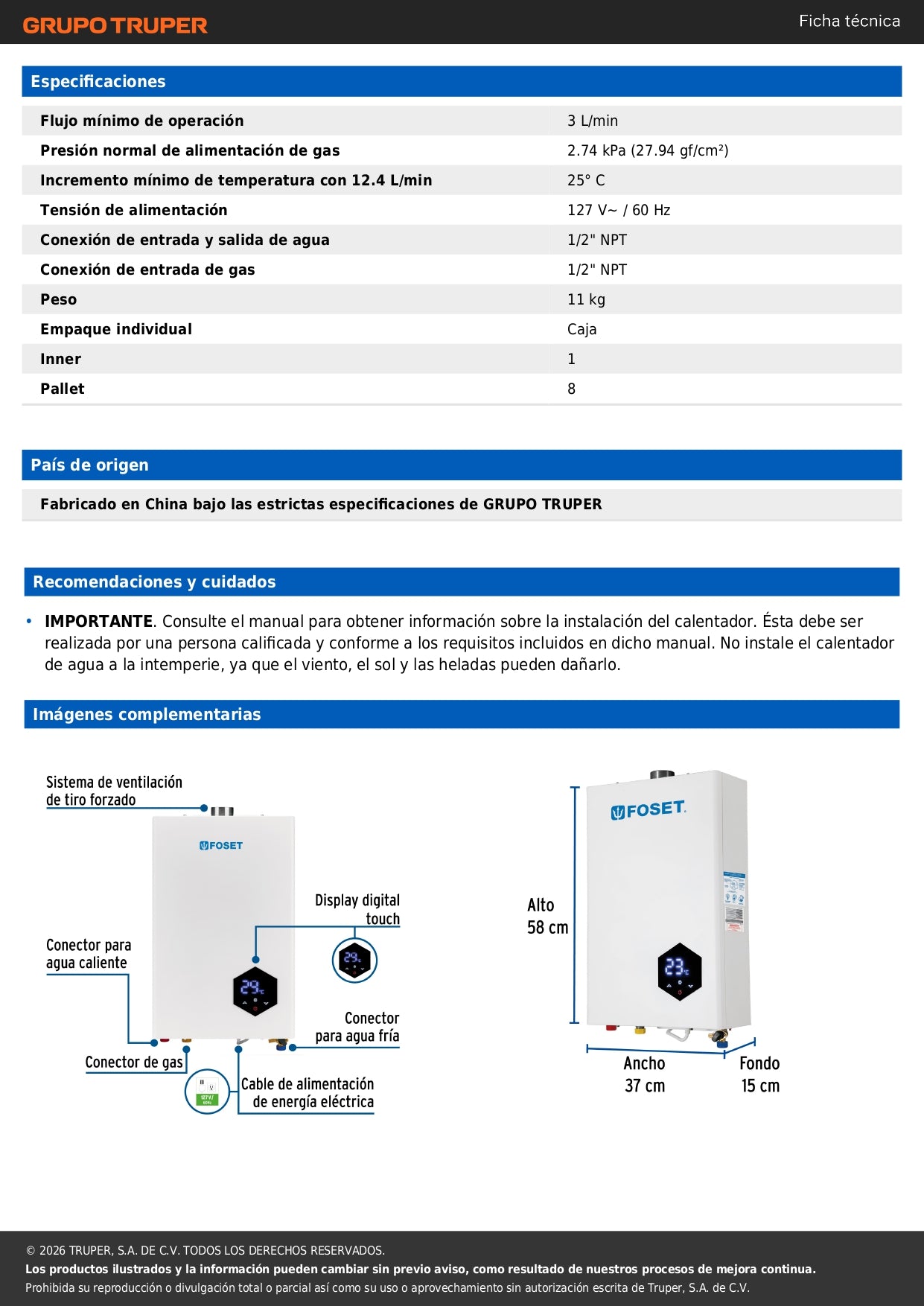 Calentador instantáneo modulante, 16L, 3 serv, gas LP, FOSET