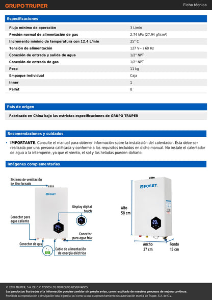 Calentador instantáneo modulante, 16L, 3 serv, gas LP, FOSET