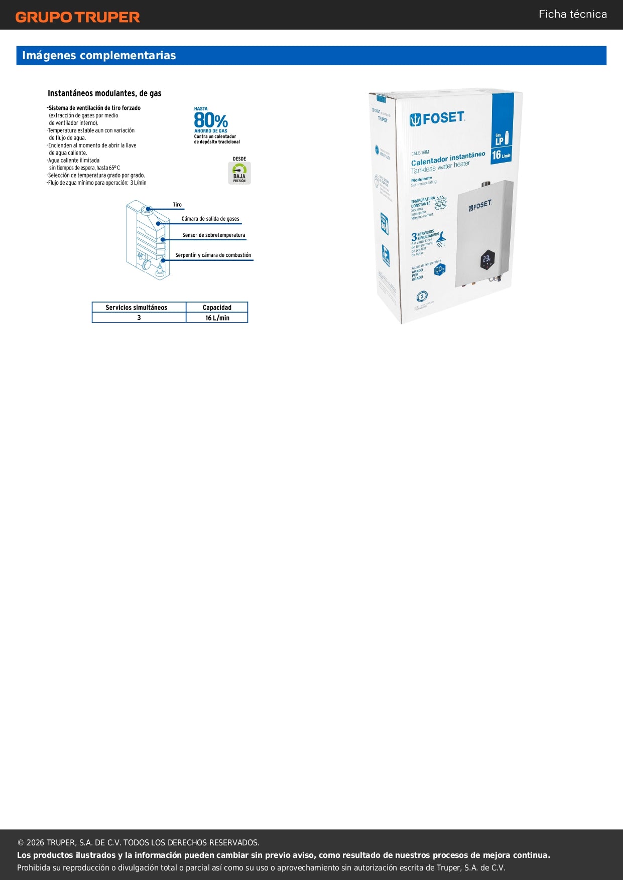 Calentador instantáneo modulante, 16L, 3 serv, gas LP, FOSET