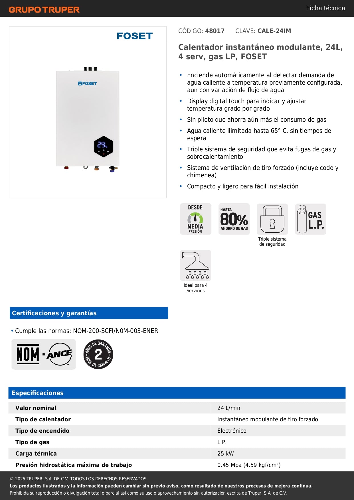 Calentador instantáneo modulante, 24L, 4 serv, gas LP, FOSET