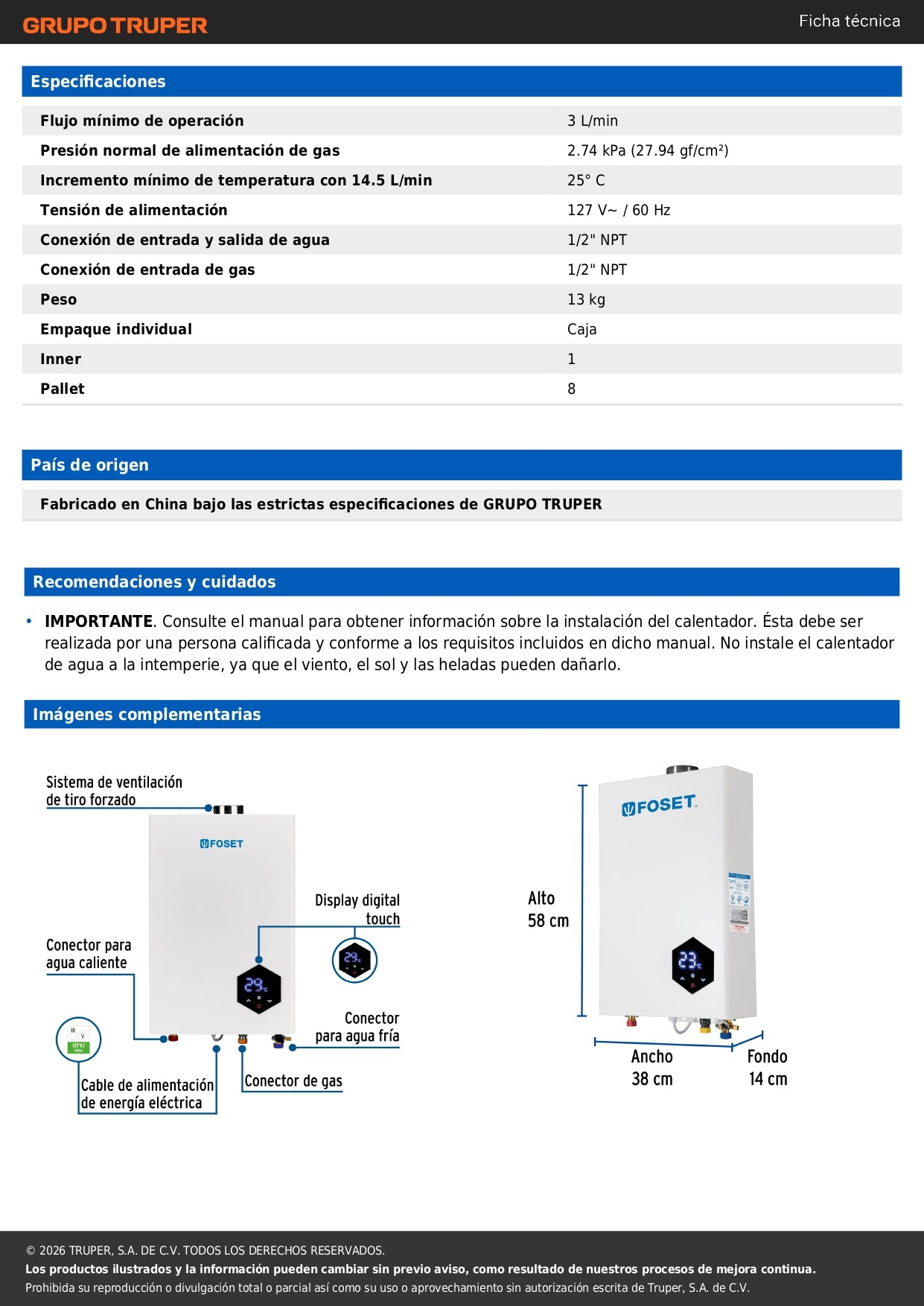 Calentador instantáneo modulante, 24L, 4 serv, gas LP, FOSET