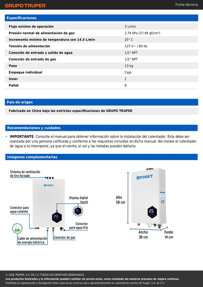 Calentador instantáneo modulante, 24L, 4 serv, gas LP, FOSET