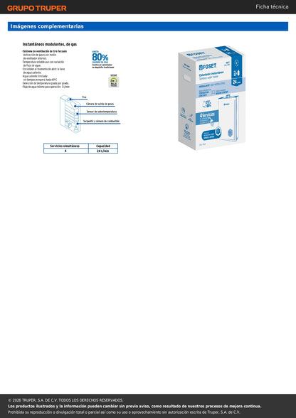 Calentador instantáneo modulante, 24L, 4 serv, gas LP, FOSET