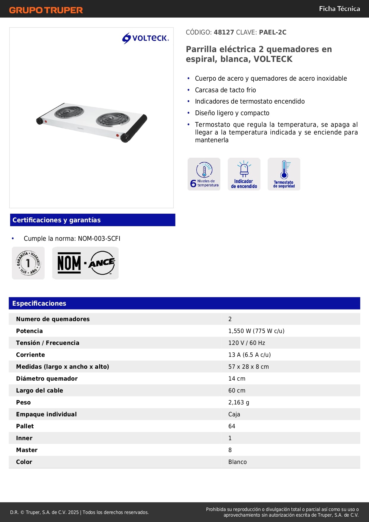Parrilla Eléctrica VOLTECK 2 Quemadores Espiral - Solución Compacta para Cocinar sin Gas - Acero Inoxidable con Termostato Automático - PAEL-2C