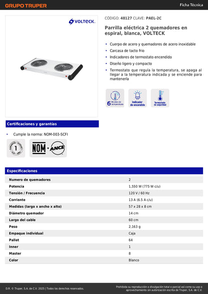 Parrilla Eléctrica VOLTECK 2 Quemadores Espiral - Solución Compacta para Cocinar sin Gas - Acero Inoxidable con Termostato Automático - PAEL-2C