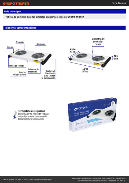 Parrilla Eléctrica VOLTECK 2 Quemadores Espiral - Solución Compacta para Cocinar sin Gas - Acero Inoxidable con Termostato Automático - PAEL-2C