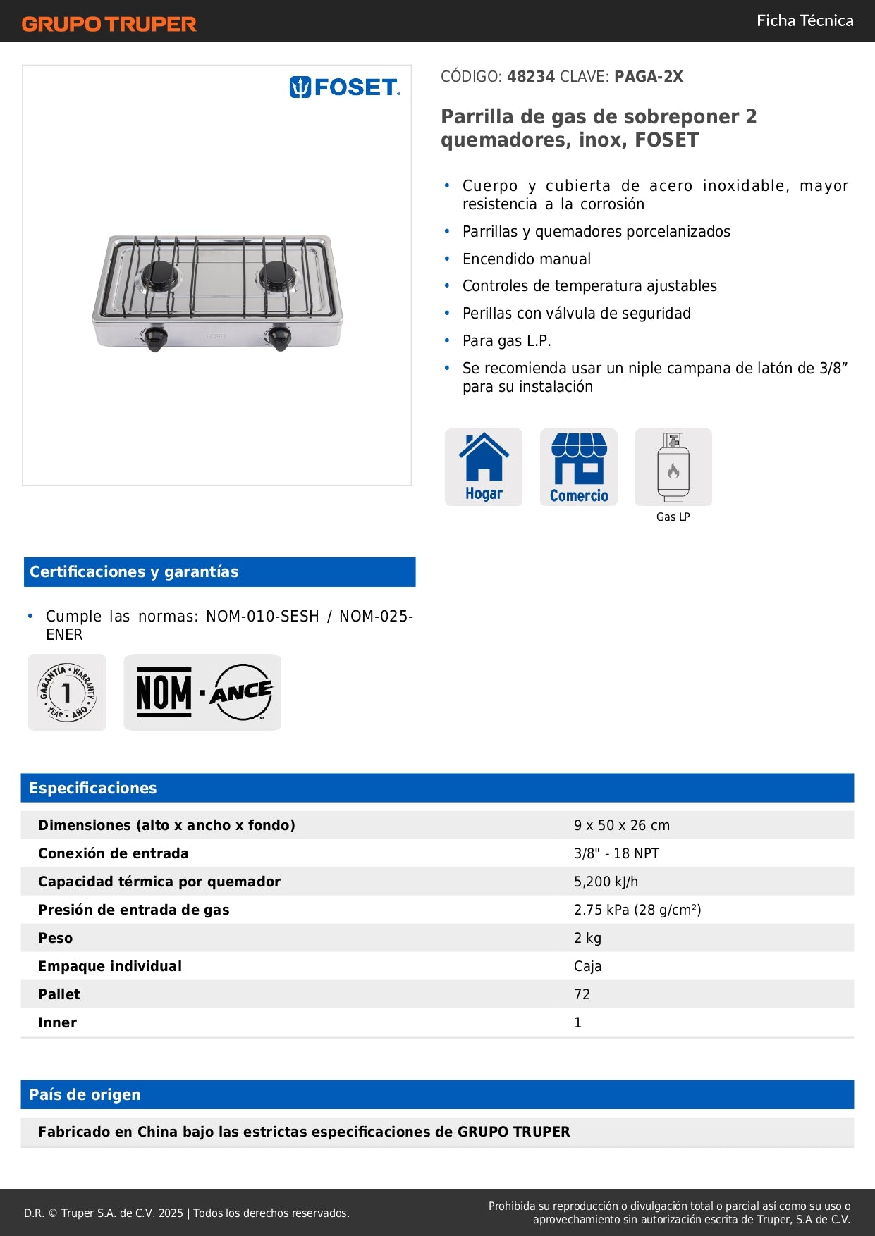 Parrilla de Gas Sobreponer 2 Quemadores Acero Inoxidable FOSET - Resistente Corrosión