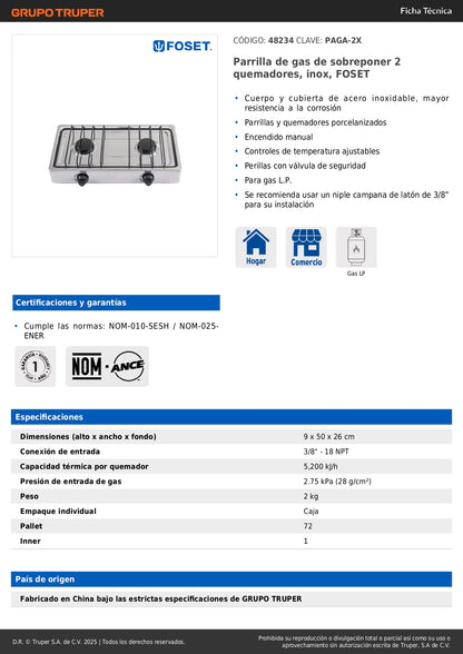 Parrilla de Gas Sobreponer 2 Quemadores Acero Inoxidable FOSET - Resistente Corrosión