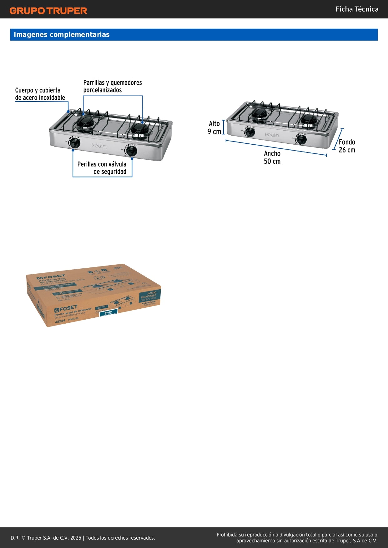 Parrilla de Gas Sobreponer 2 Quemadores Acero Inoxidable FOSET - Resistente Corrosión