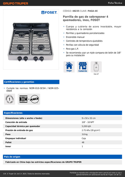 Parrilla de Gas 4 Quemadores Acero Inoxidable FOSET - Sobreponer Porcelanizada Profesional