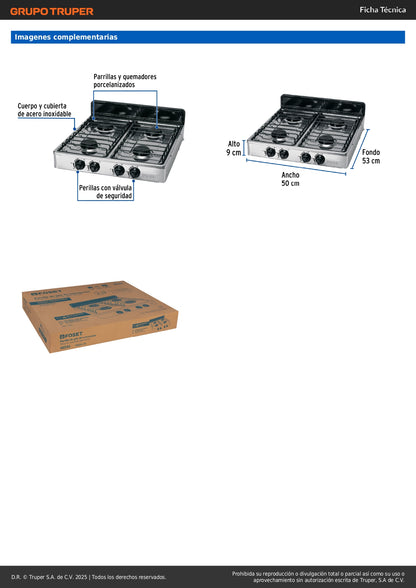 Parrilla de Gas 4 Quemadores Acero Inoxidable FOSET - Sobreponer Porcelanizada Profesional