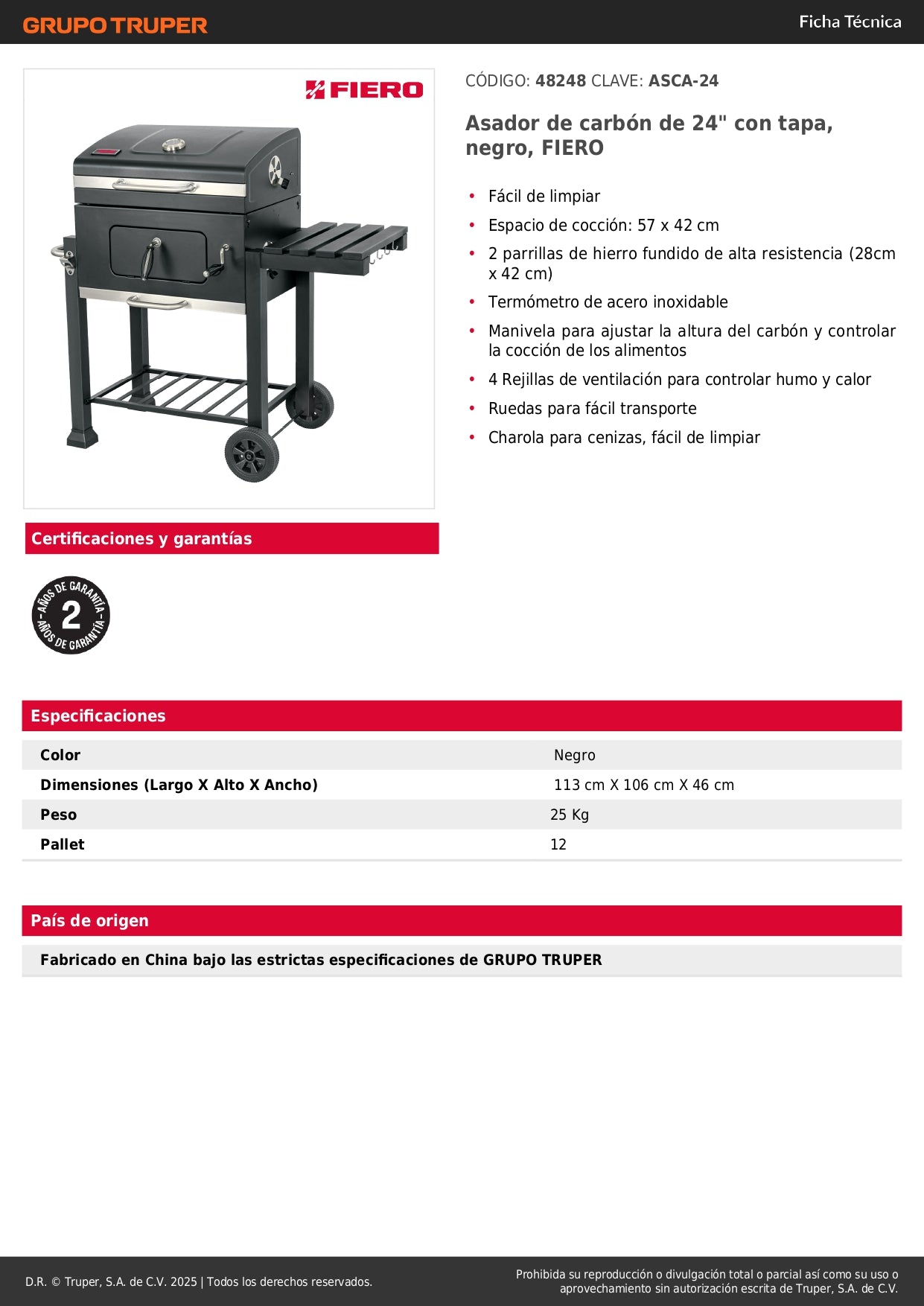 Asador de Carbón FIERO 24 Pulgadas con Tapa - Parrilla BBQ Profesional con Termómetro y Ruedas - Solución Completa para Barbacoa Perfecta