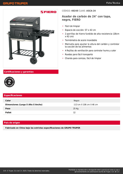 Asador de Carbón FIERO 24 Pulgadas con Tapa - Parrilla BBQ Profesional con Termómetro y Ruedas - Solución Completa para Barbacoa Perfecta