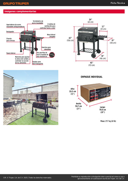 Asador de Carbón FIERO 24 Pulgadas con Tapa - Parrilla BBQ Profesional con Termómetro y Ruedas - Solución Completa para Barbacoa Perfecta