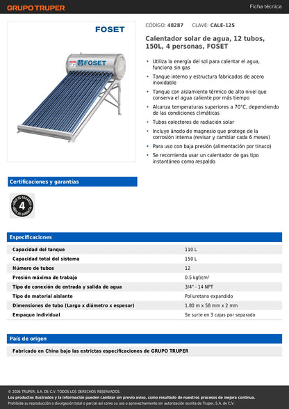 Calentador solar de agua, 12 tubos, 150L, 4 personas, FOSET