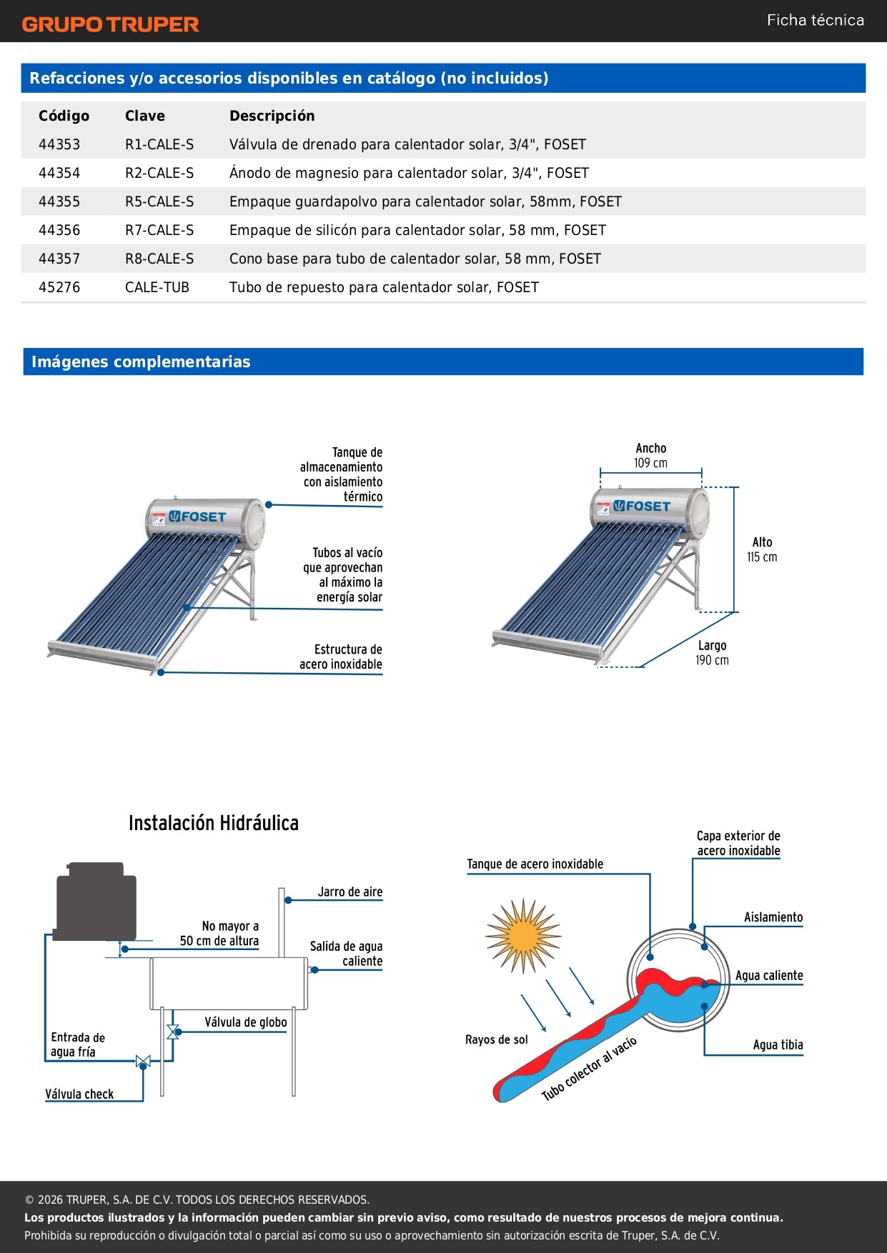 Calentador solar de agua, 12 tubos, 150L, 4 personas, FOSET